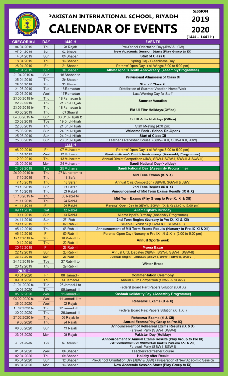 Academic Calendar of Events (2019-2020) — Pakistan International School